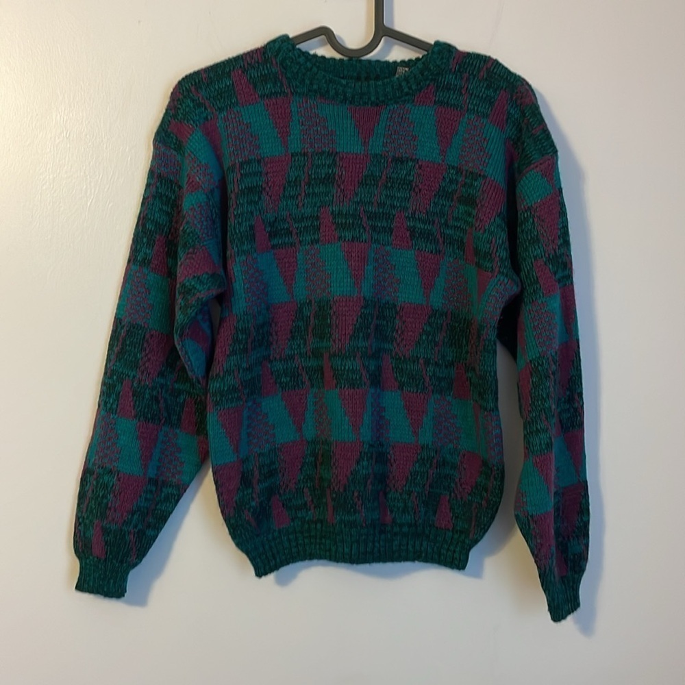 Melange Vintage Knit Geometric Design Teal Purple Sweater size L (14-16)